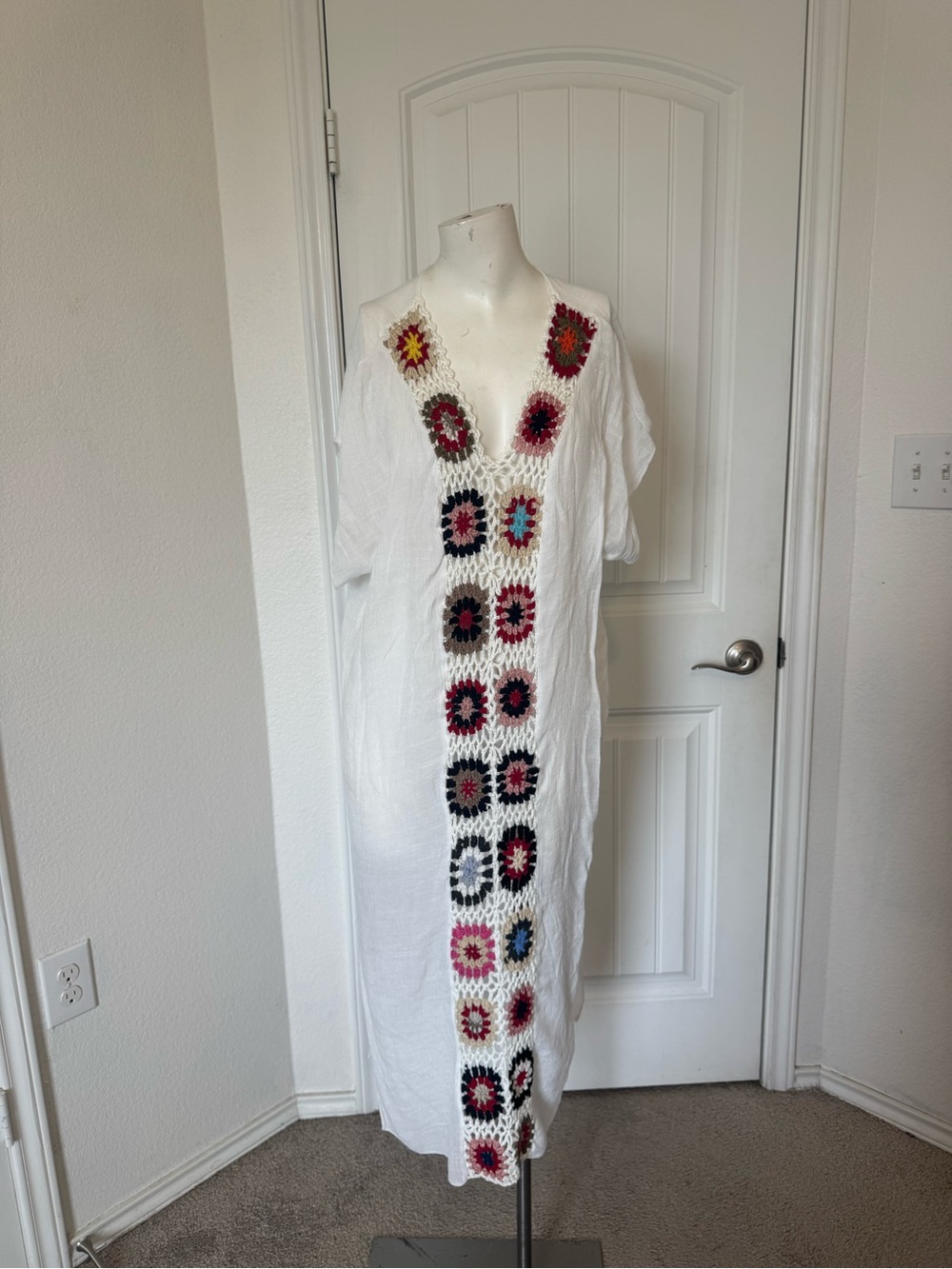 Vince Camuto White Maxi Dress coverup with Multicolor Crochet Trim